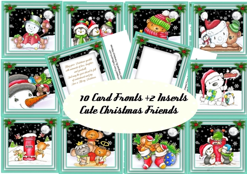 10, Card Fronts + 2, Inserts , Cute Christmas Friends 