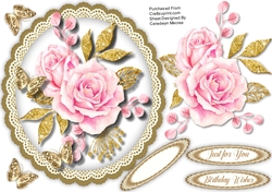 Pink and Gold Roses on a Scalloped Mat  