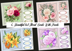 4, Beautiful 8x8 Floral Cards with Pearls