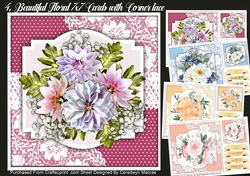 4, Beautiful Floral 7x7 Cards On Corner Lace