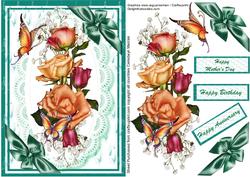 Lovely Roses and Butterflys on Aqua Background