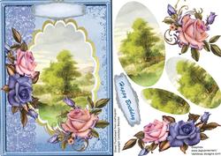 Beautiful Blue and Pink Roses and Country Scene ( Pyramarge