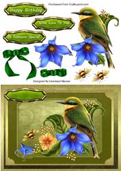 Lovely Green Bird ,bees,and Flowers