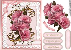 A5 Beautiful Pink Roses on Lace and a Scroll
