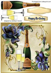 Champagne and Glasses with Beautiful Blue Roses