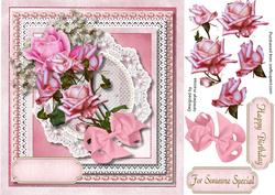 Stunning Pink Roses on Lace and Pearls