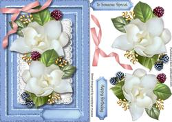 Lovely Magnolias on Blue Sparkle Paper and Lace