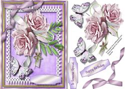 Lovely Lilac Roses and Butterfly on Lace 