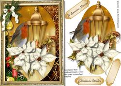 Llovely Robin with Cream Poinsettias in a Gold Frame