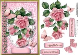 Lovely Roses and Butterflies Ona Pink Damask Frame