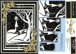 A5 Christmas Scene in Monocrome with Gold Holly