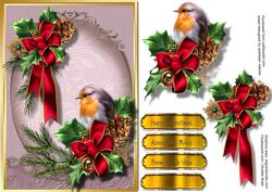 Beautifu, Robin and Holly on Pine Branches