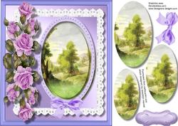 Beautiful Lilac Roses and Stitched Oval Scene