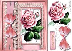 Beautiful Pink Rose , Lace , and Ribbon Bow, 1
