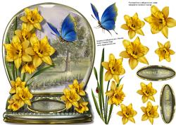 Lovely Daffodills and Butterfly in a Glass Dome