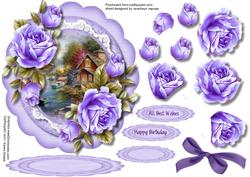 Easel or Topper Beautiful Lilac Roses in a Scalloped Frame 