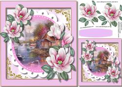 Beautiful Cerises Magnolias with a Water Scene 