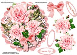 Topper or Easel , Pink Roeses on a Polka Dot Scallope Fram