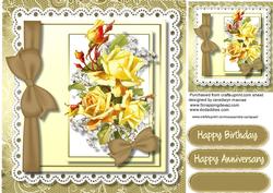 Lovely Yellow Roses and Ribbon Bow on Lace 