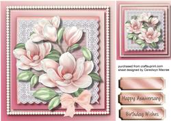 Beautiful Pink Magnolias on Lace with Pearls