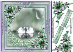 Beautiful Swans in a Lilac and Green Frame 