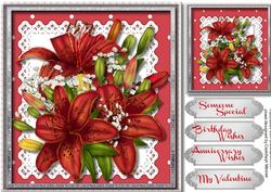 Beautiful Red Lillies on Lace .