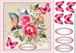Deep Pink Roses and  Butterflys 