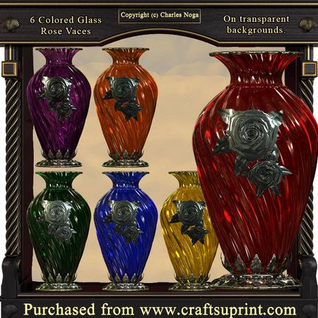 6 Colored Glass Rose Vases