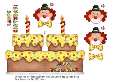 Happy Birthday Cake Shaped Card with Candle and Clowns