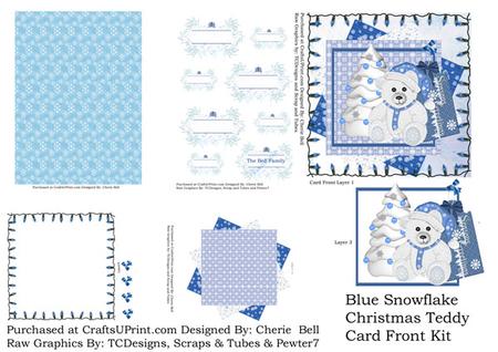 Blue Snowflake Christmas Teddy Card Front Kit
