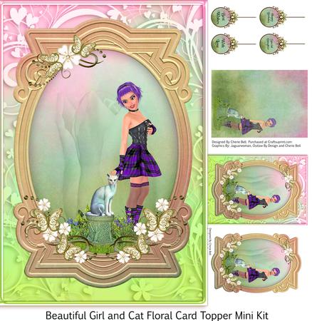 Beautiful Girl and Cat Floral Mini Card Kit