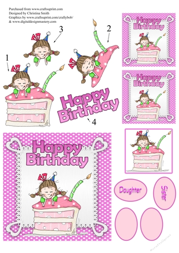 Girl with birthday cake 5x5 inch card front with decoupage