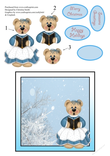 carol singing bear 6x6 inch card front with decoupage