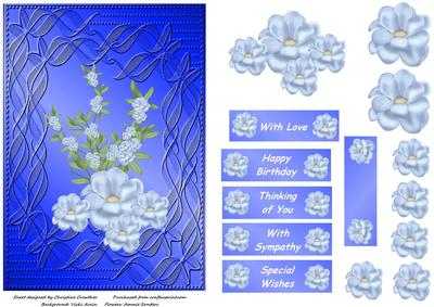Pale Blue Flowers on Sapphire Embossed Background