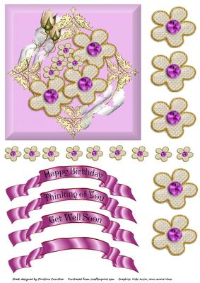 Purple Centred Gold Flowers in Double Rosebud & Lace Frame