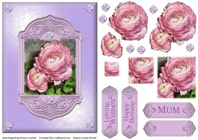 Pink Peonies on Lilac Panels with Gems, Pyramid & Decoupage