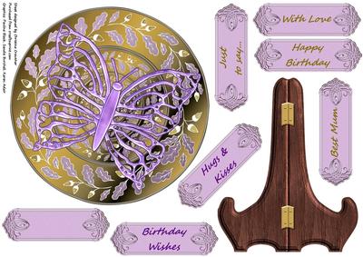Lilac Glass Butterfly on Acorn Plate Card with Stand