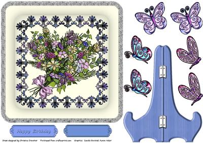 Flowers & Butterflies Square Plate Card with Blue Stand