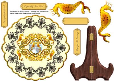 Golden Seahorse Scallop Edged Plate Card with Stand