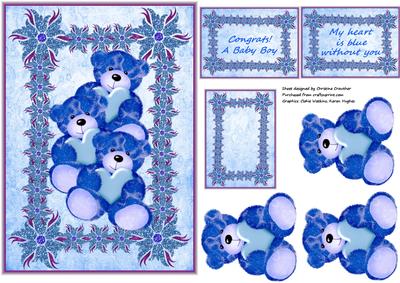 Blue Teddies with Hearts in Glitter Frame