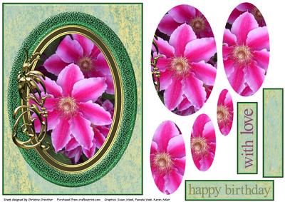 Hot Pink Clematis in Glass&gold Flourish Frame Oval Pyramid