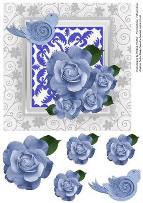 Blue Roses and Bird Square Card with Decoupage