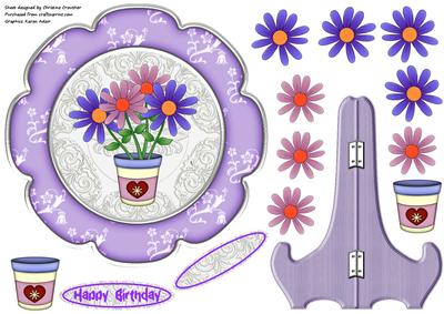 Lavender Edged Pot of Daisies Plate Card with Stand