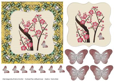 Embroidered Linen Flowers in Ceramic Frame with Butterflies