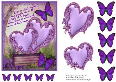 Love Is -  Sitting on a Bench, Lavender Butterflies Hearts