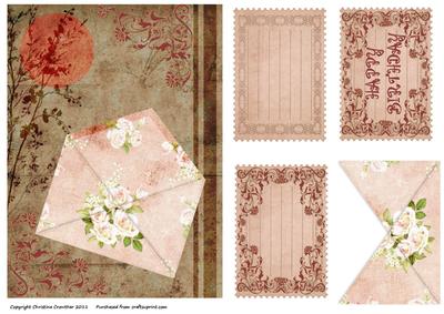 Roses Envelope on Oriental Background with 3 Message Cards