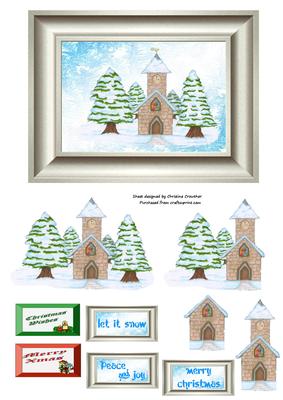 Framed Snowy Church Decoupage