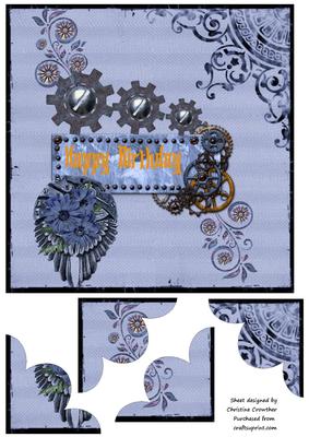 Blue Steampunk Happy Birthday with Shell Corners