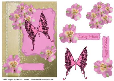 Pink Butterfly & Flowers on Gold Decoupage