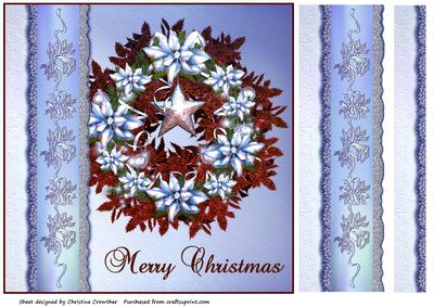 Merry Christmas Poinsettia Garland on Blue with Bell Ribbon